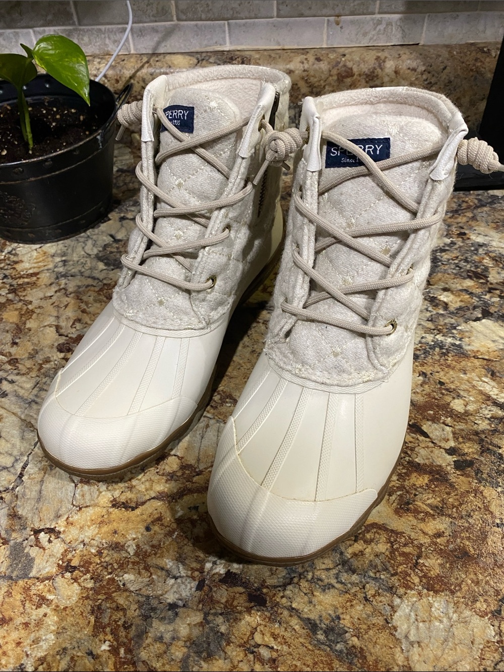 Sperry Cream Lace-Up Duck Boots, clean boots with minimal wear, bone color